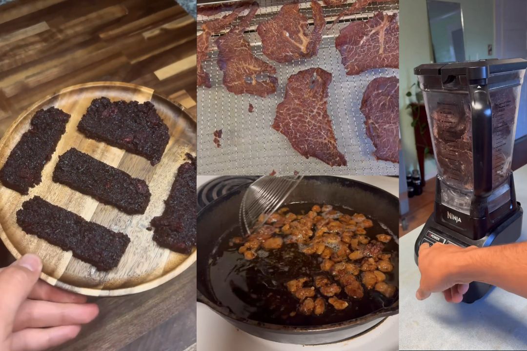 Steps of making homemade pemmican: finished pemmican bars on a wooden plate, dried beef jerky on a dehydrator rack, suet rendering in a cast iron skillet, and jerky grinding in a blender