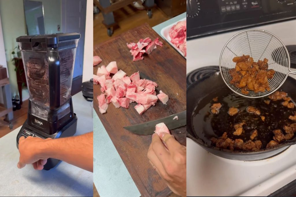 Dark golden rendered tallow with browned suet cracklings in a cast iron skillet beside raw suet cubes, and dried jerky grinding to powder in a blender