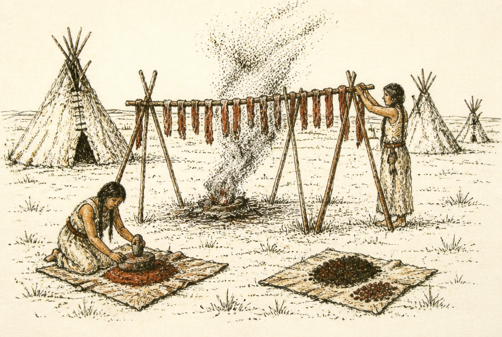 Vintage-style ink illustration of an Indigenous plains camp making pemmican, with strips of meat drying on wooden racks over a smoky fire and women pounding dried meat on a hide