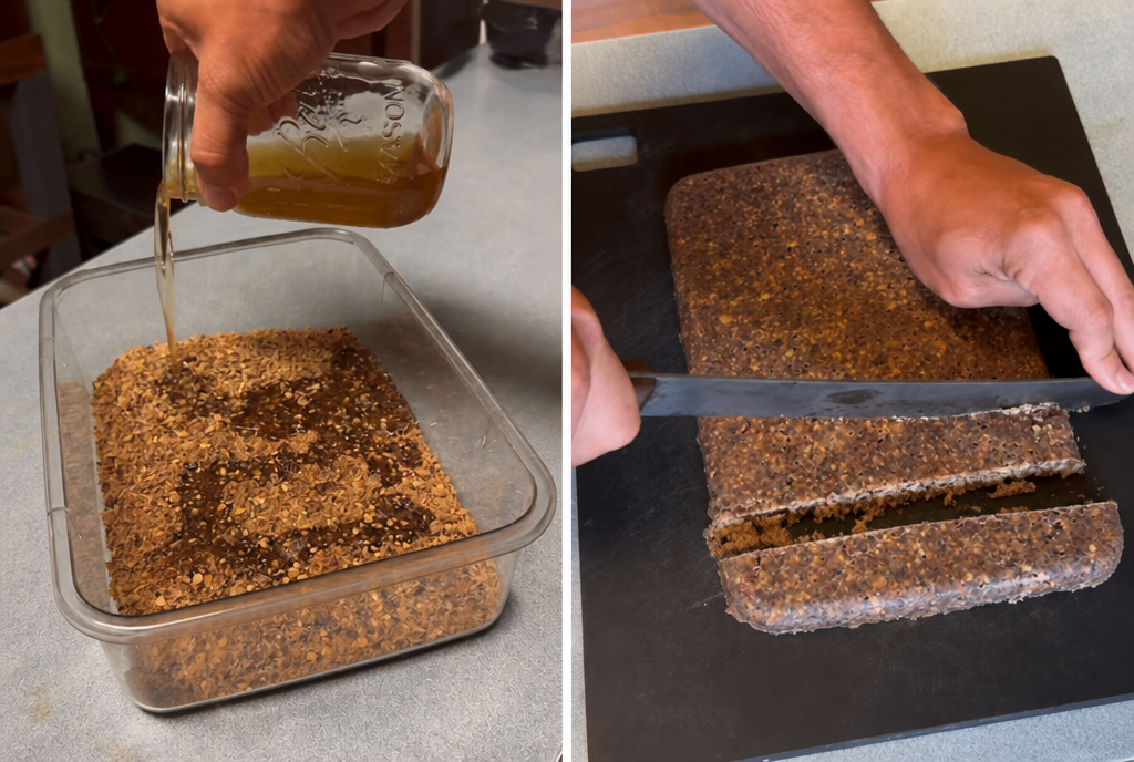 Side-by-side steps of making pemmican: pouring golden rendered tallow over ground dried meat, and slicing the finished slab into bars with a knife