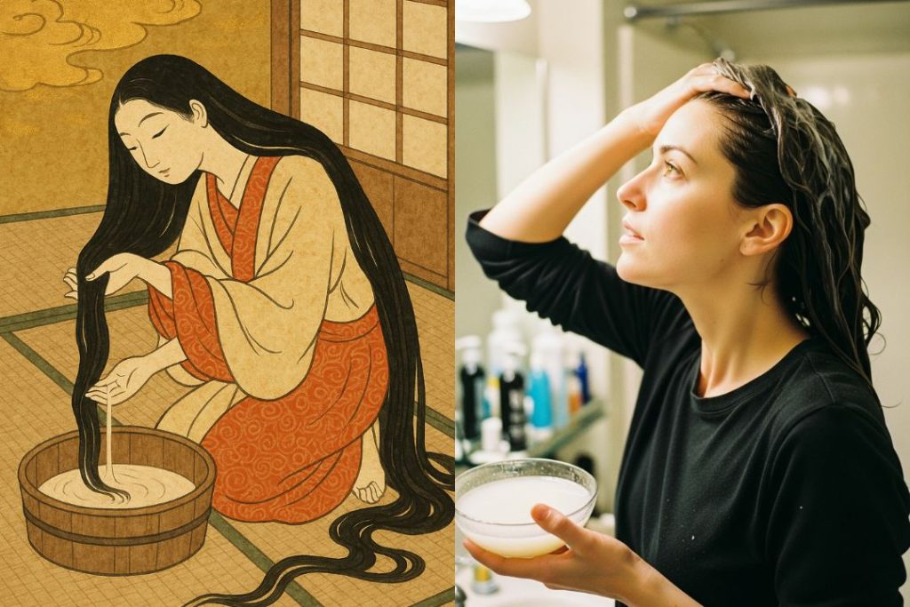 How to Use Rice Water for Hair. A Japanese woman with long, flowing black hair depicted in a Heian-era Yamato-e scroll painting style, washing her hair with milky rice water