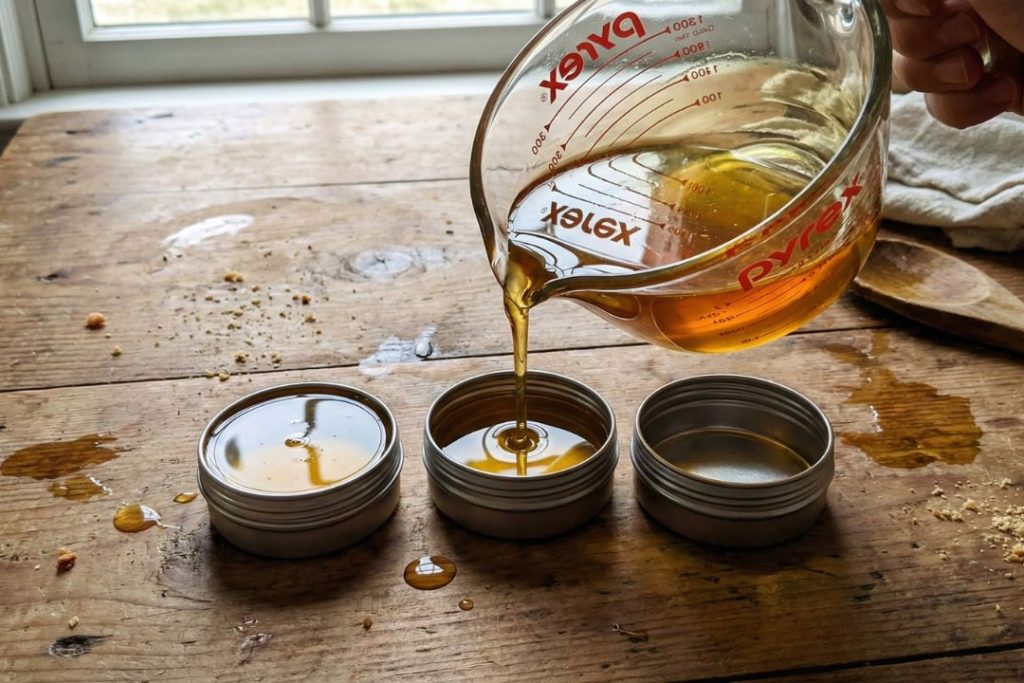 Three small, open silver metal tins are arranged in a row. The clear Pyrex bowl is being tipped to pour the liquid golden salve into the tins. The liquid is filling the tins almost to the brim. One tin is full, one is being filled.