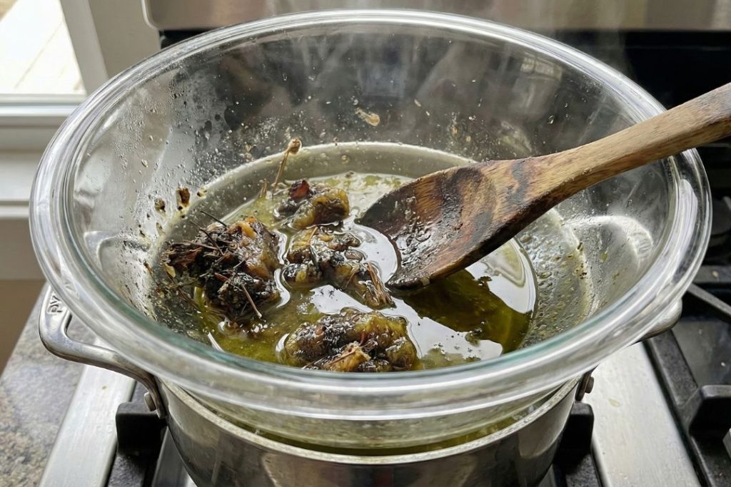  Pyrex glass bowl sitting on a double boiler on the stove. Inside the bowl, clumps of sticky, dark pine resin with bits of bark and dirt are melting into a pool of golden olive oil.