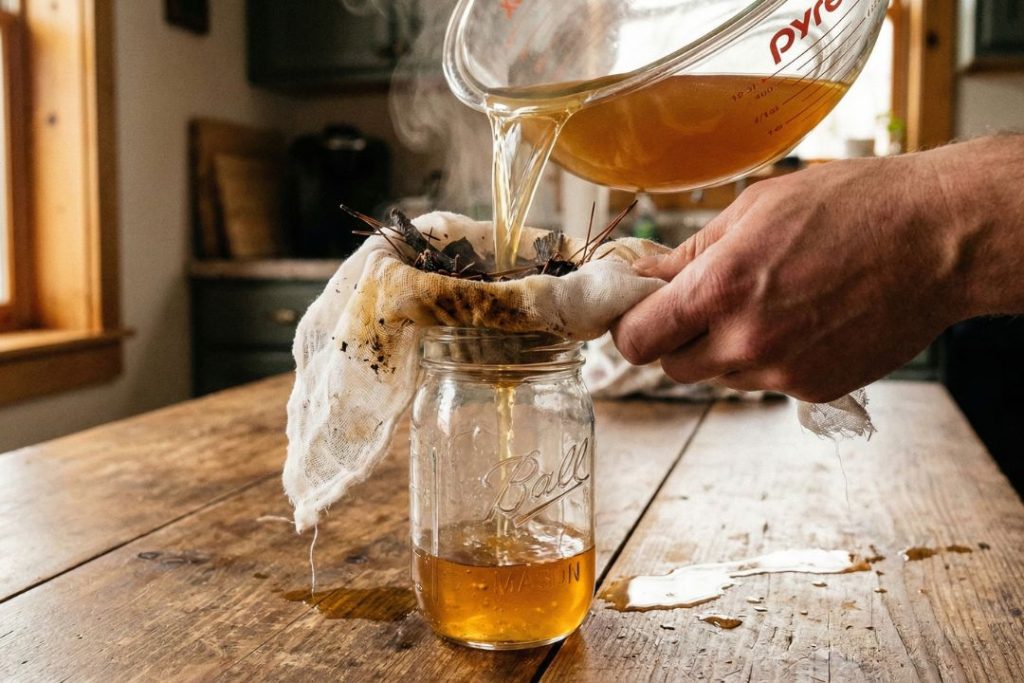  A hand is holding a piece of cheesecloth over a clean glass mason jar on a rustic wooden table. Hot, translucent golden-amber liquid is being poured from the Pyrex bowl through the cheesecloth. Dark debris and bark bits are getting caught in the white cloth.