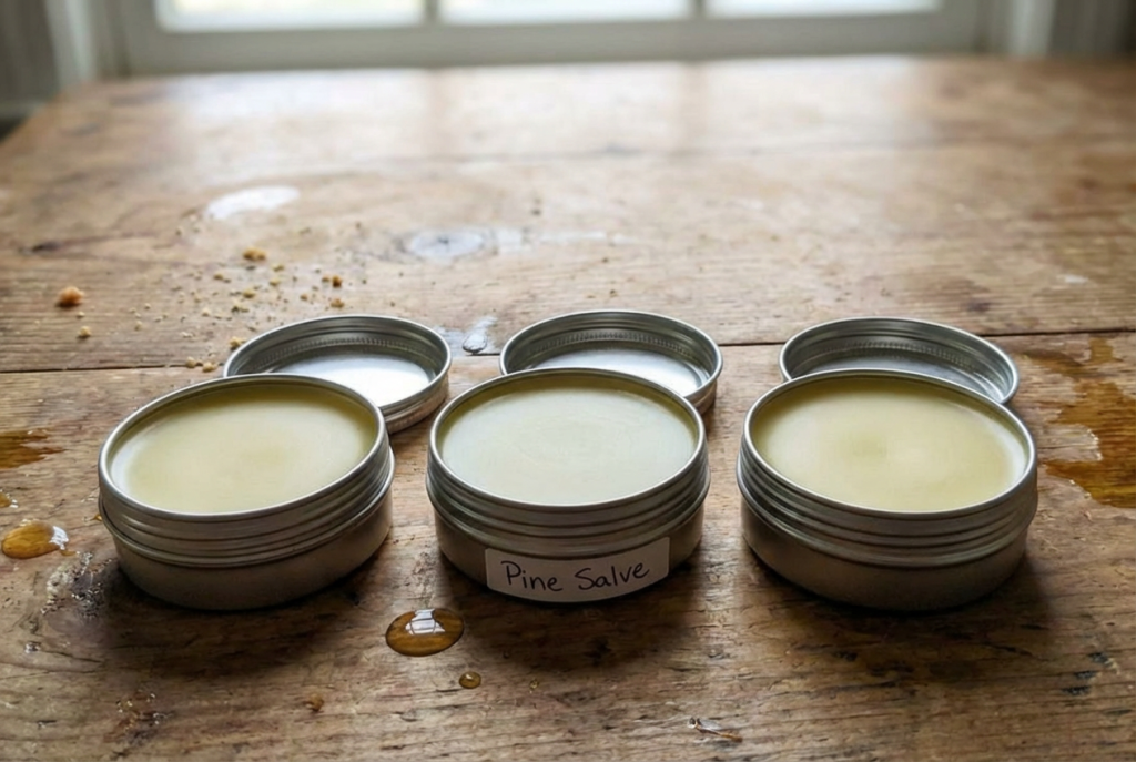 the three silver metal tins sitting on the rustic wooden table. The salve inside has cooled completely and is now a solid, opaque pale yellow color. The lids are off, sitting next to the tins. A handwritten paper label that says "Pine Salve" is stuck to the side of one tin.