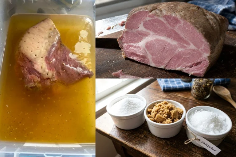 Four-panel collage showing the brine-curing process — raw beef brisket, salt and saltpeter ingredients, meat submerged in amber brine, and a finished sliced country ham.