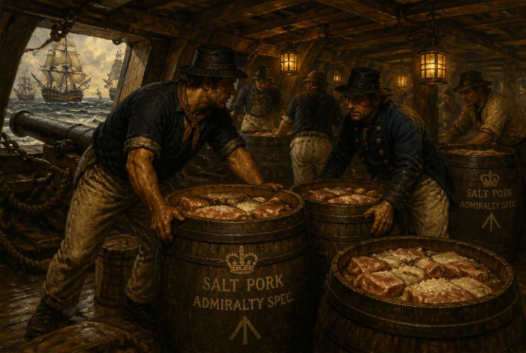 Vintage wet-plate-collodion-style photograph of Union Army oak barrels of salt pork stacked at a Civil War quartermaster's supply depot, with a soldier checking inventory.