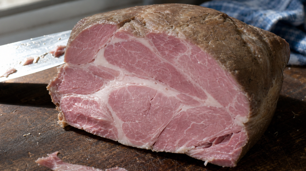 A pork shoulder freshly out of the brine cure, sliced open on a wooden cutting board to reveal the uniform rose-pink interior — the visual proof that the nitrite reaction has worked.