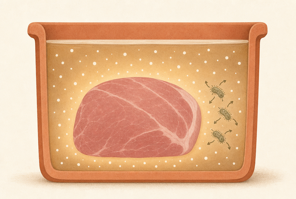 Simple illustration showing salt brine surrounding a piece of meat with salt crystals dissolved into the liquid, drawing water out of bacteria cells to stop spoilage.