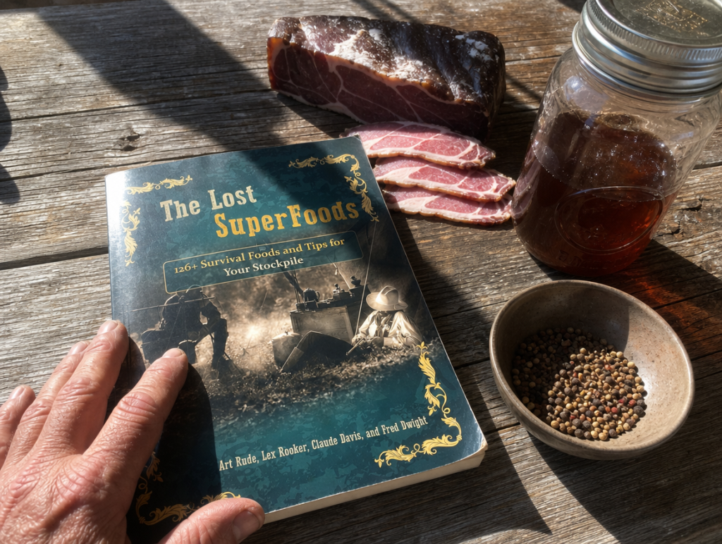 The Lost SuperFoods book resting on a weathered outdoor wooden table beside a sliced country ham, mason jars of preserved foods, and pickling spice in afternoon sunlight.