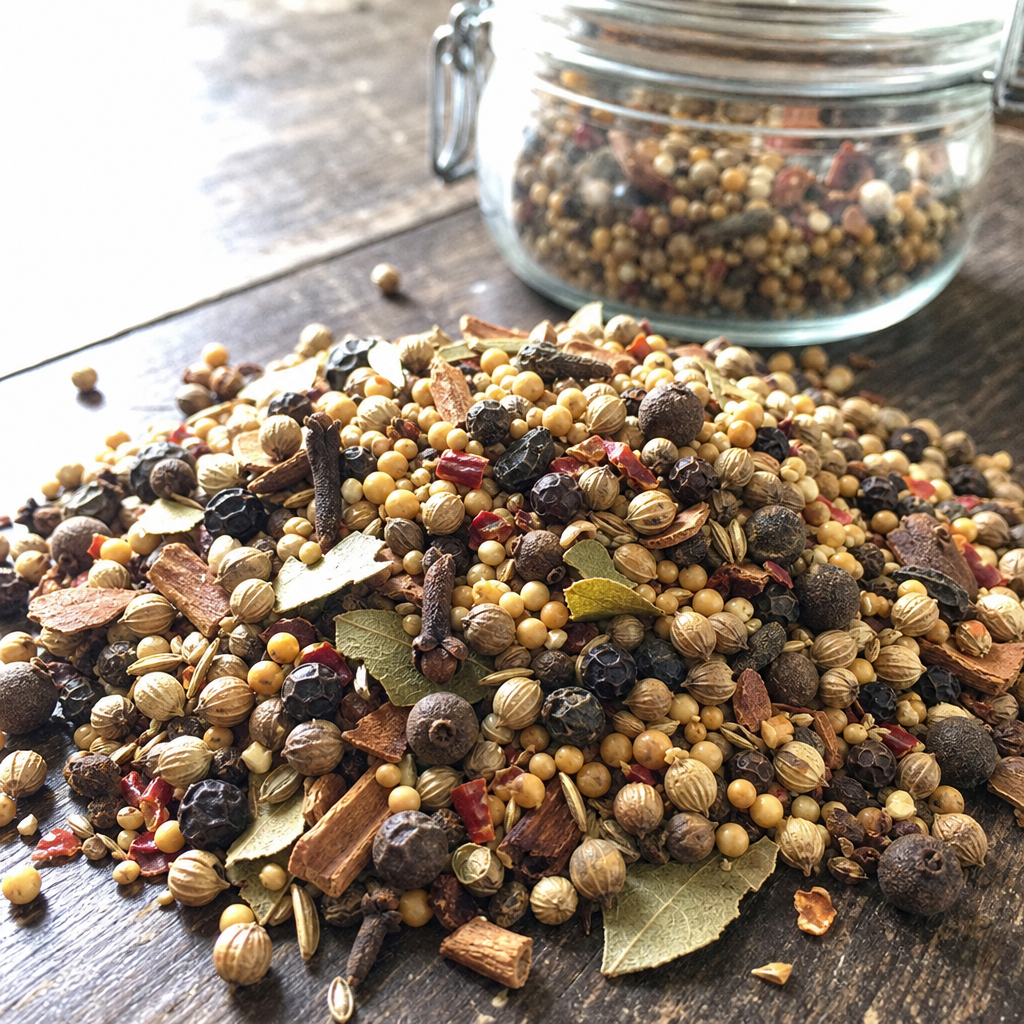A close-up of pickling spice mix — black peppercorns, yellow mustard seeds, coriander, allspice, broken cinnamon, bay leaf, and red pepper flakes — for the corned-beef brine variation.