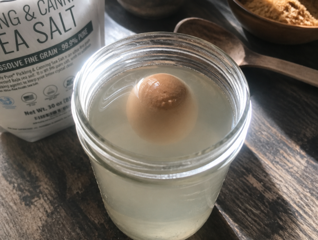 A whole fresh egg floating in clear salt brine with a quarter-sized circle of shell exposed above the waterline, the traditional pioneer test for correct salt concentration.