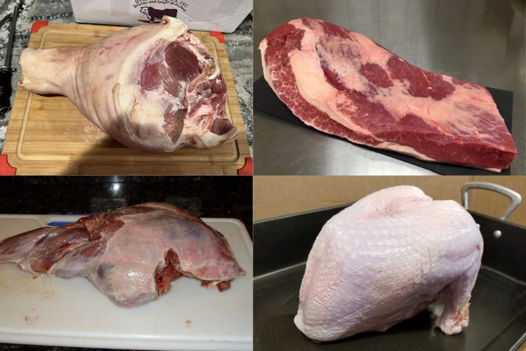 A raw beef brisket and a slab of pork belly on a wooden cutting board, the two best cuts for brine curing