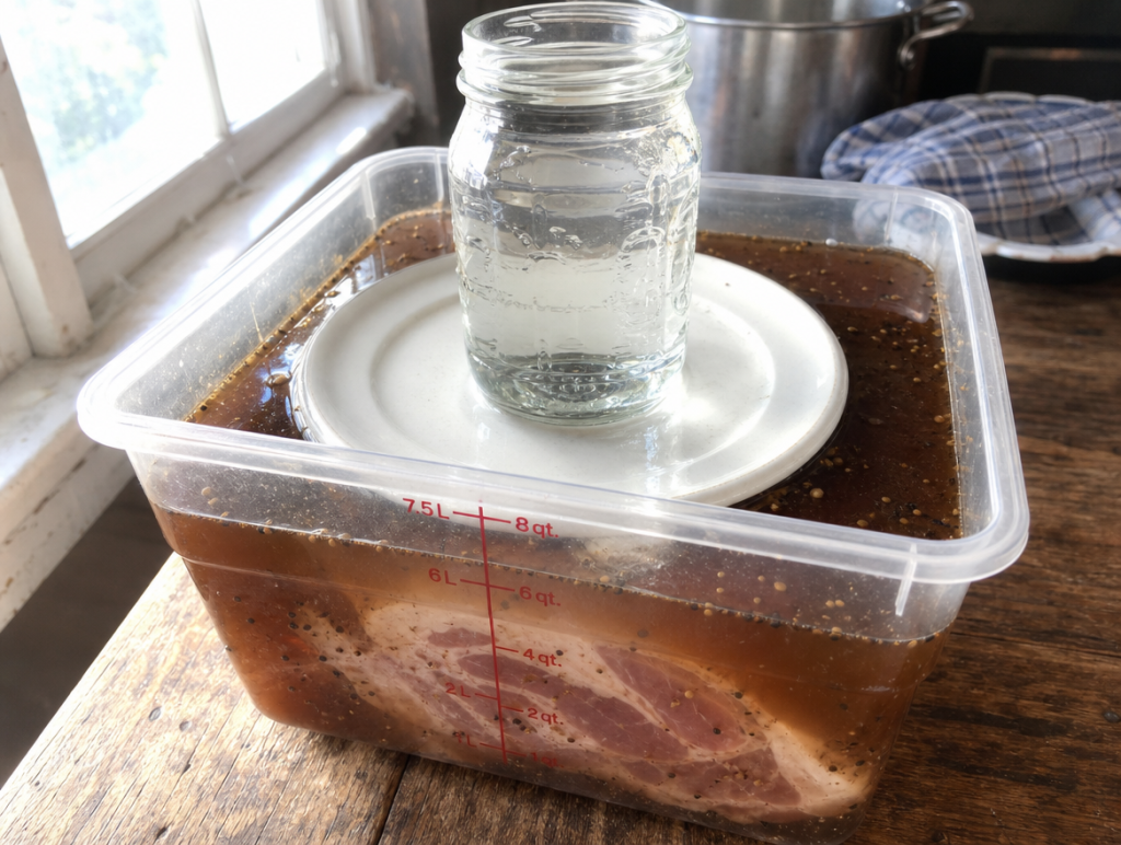 A pork shoulder fully submerged in dark amber brine inside a clear food-grade Cambro container, weighted down with a heavy white ceramic plate to keep it under the surface.