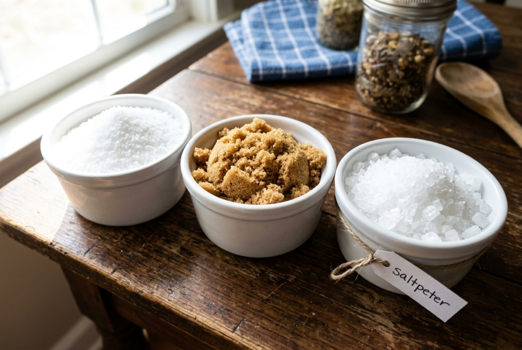 Three small ceramic bowls on a wooden farmhouse table holding the three brine-cure ingredients — coarse pickling salt, brown sugar, and white saltpeter crystals.