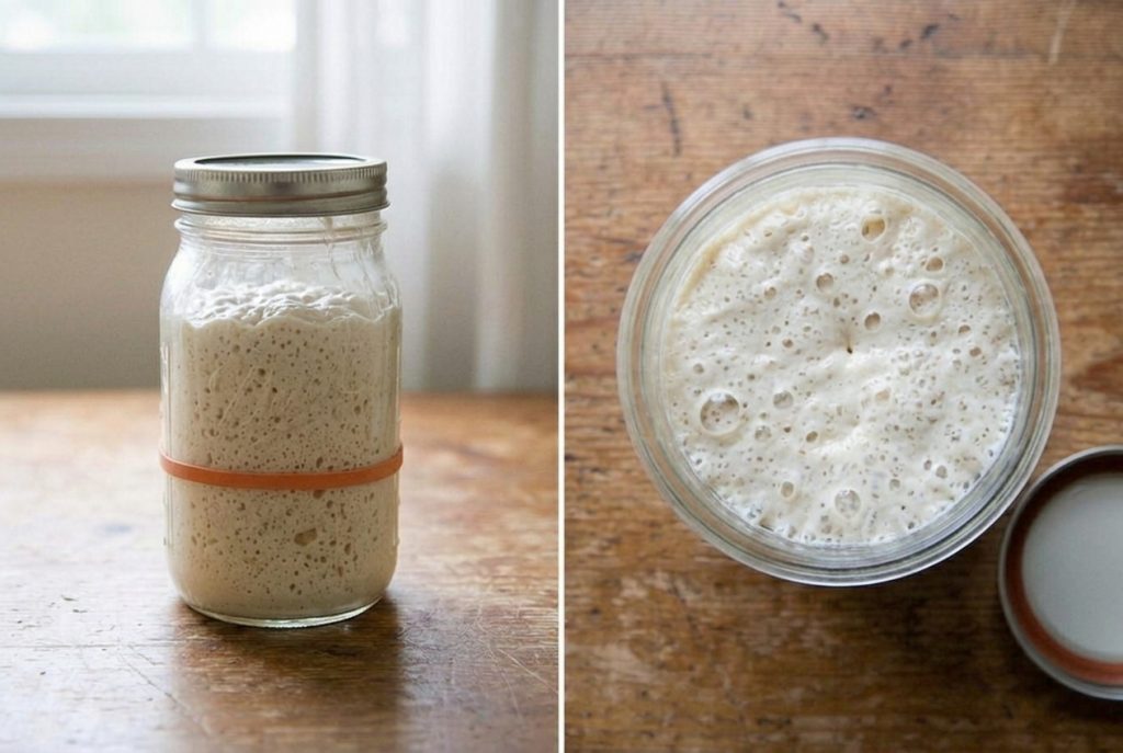 Split image of an active sourdough starter doubled and risen above the orange band in a mason jar, front view and a bubbly top-down view.