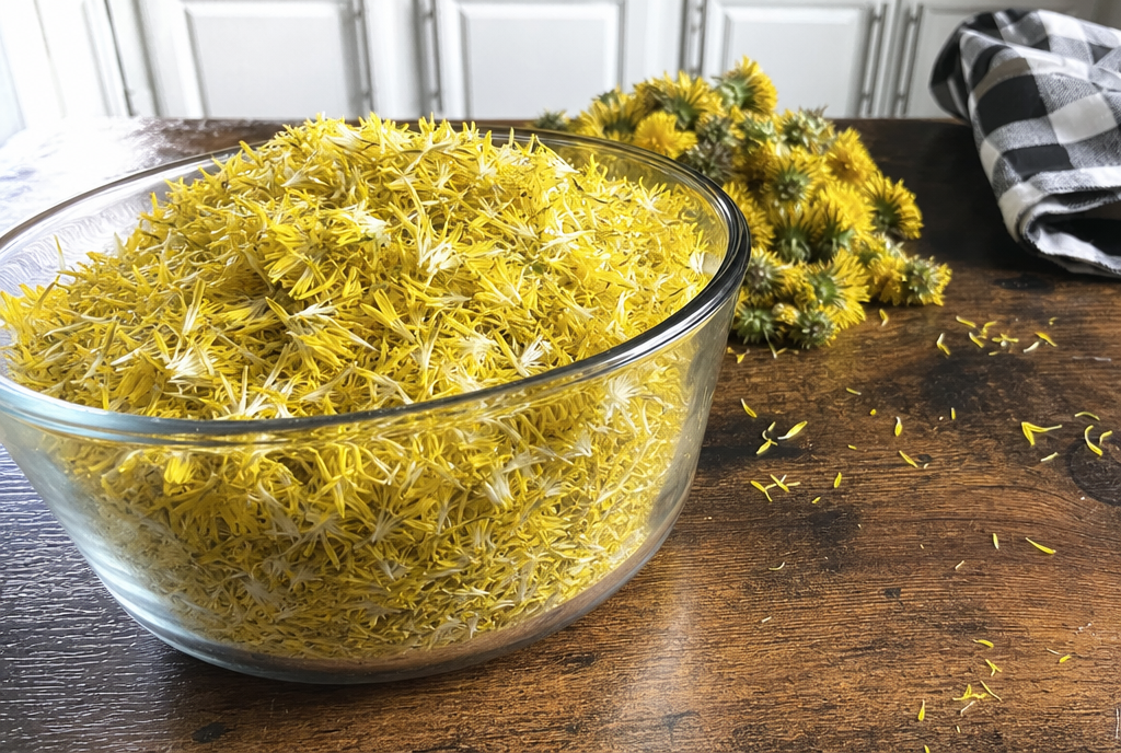 Large glass bowl brimming with loose bright yellow dandelion petals on a farmhouse table.