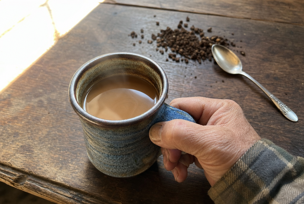 Warm tan-brown brewed dandelion root coffee in a plain stoneware mug on a farmhouse table with ground root nearby.