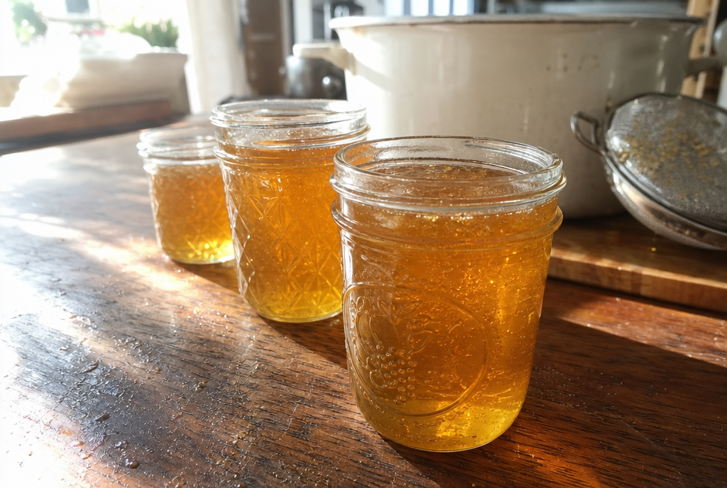 Freshly filled mason jars of clear golden-amber dandelion flower jelly cooling on a farmhouse kitchen table.