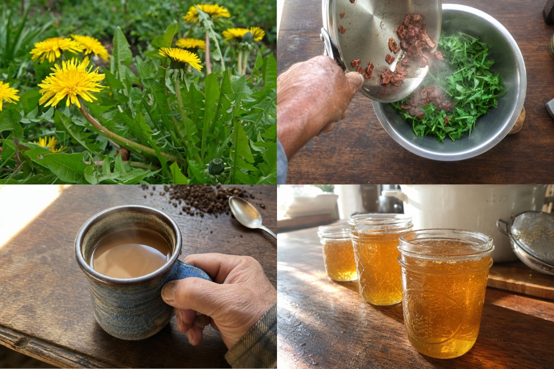 Four-panel collage of dandelion uses: fresh greens, golden flower jelly, roasted root coffee, and a bacon and egg dandelion salad