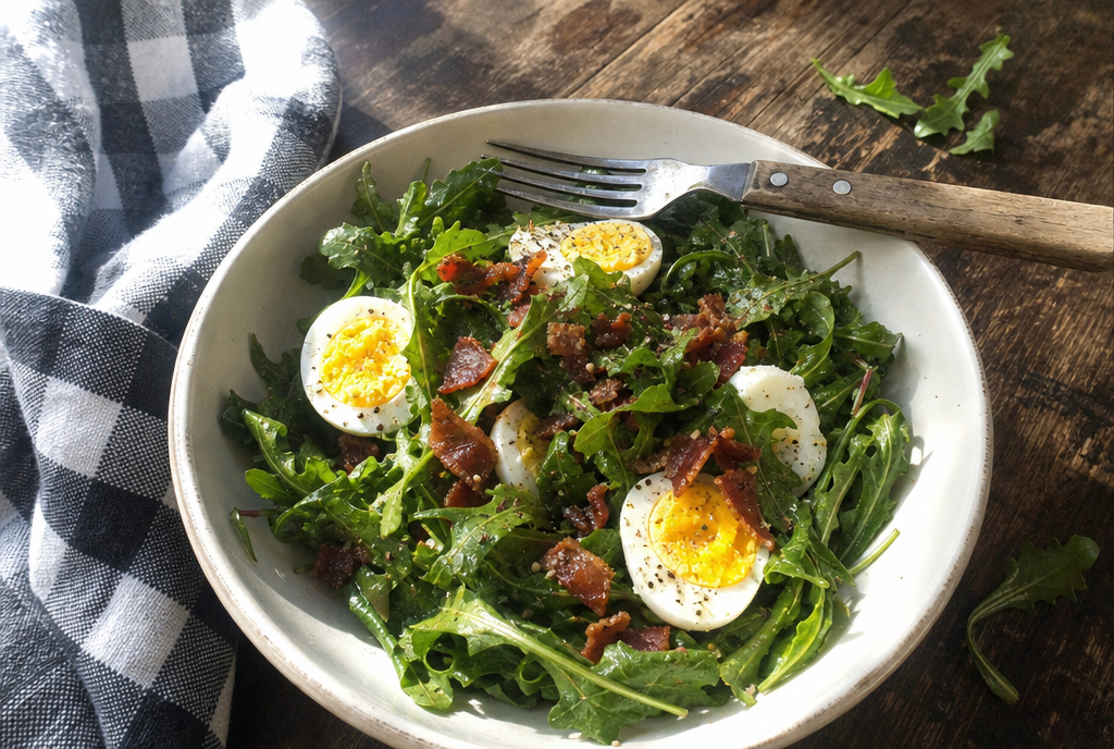 Overhead ceramic bowl of wilted dandelion greens with crumbled bacon and halved hard-boiled eggs on a farmhouse table.