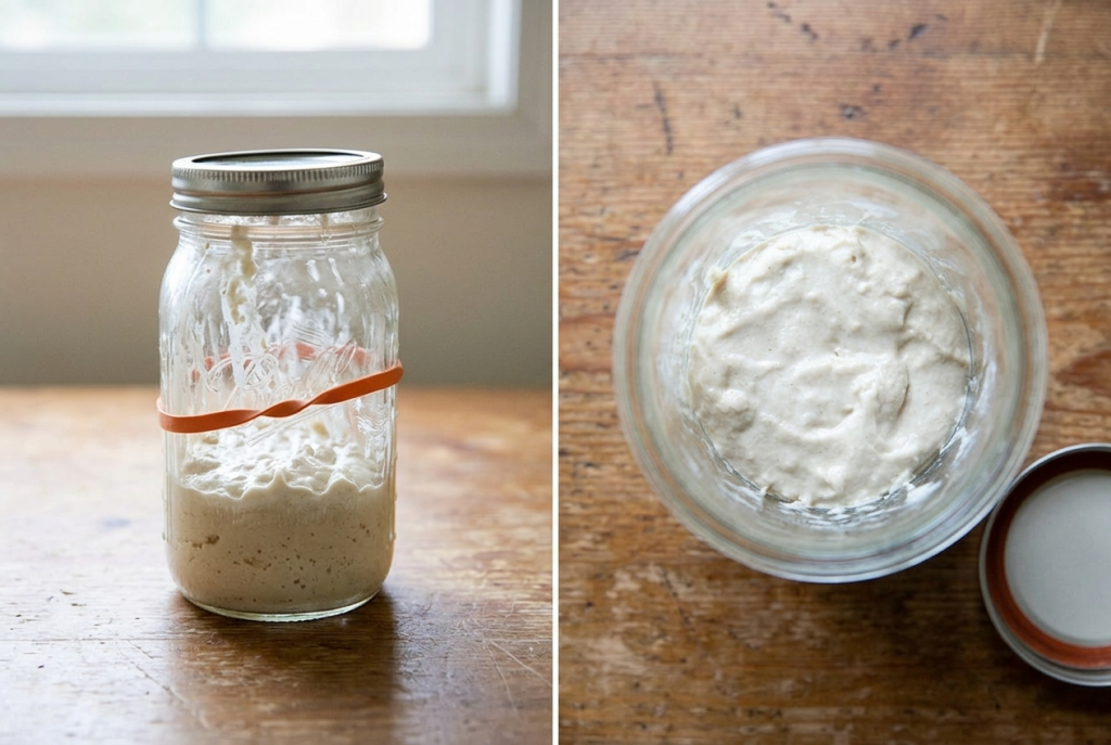 Split image of a Day-1 sourdough starter in a mason jar, front view with an orange band marking the level and a top-down view of the freshly mixed lumpy surface.
