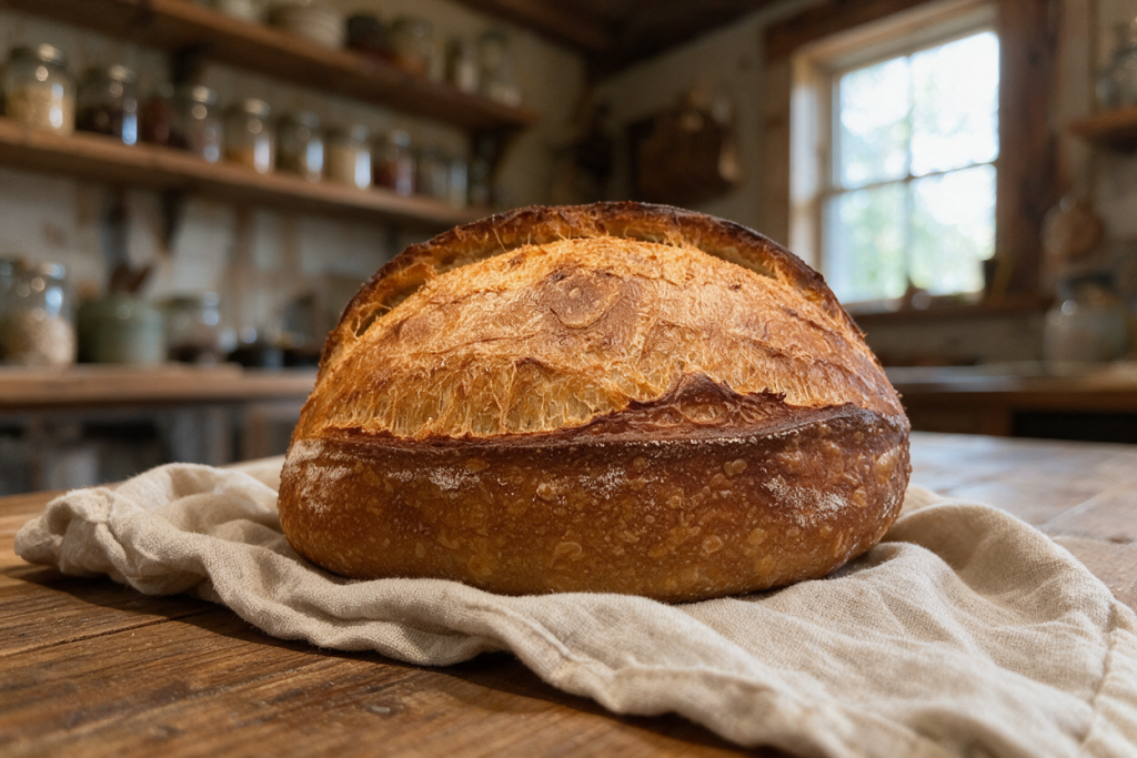 A finished golden sourdough boule with a scored, crackly crust cooling on a black wire rack in a rustic homesteader kitchen.