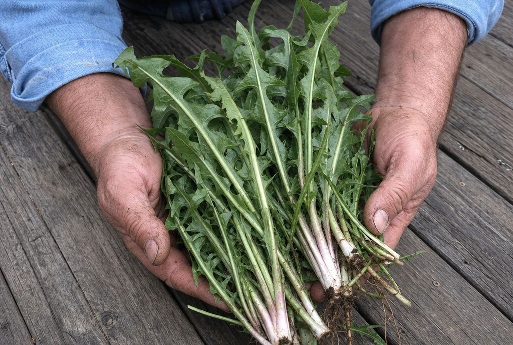 Weathered hands holding a freshly pulled bunch of jagged dandelion greens with soil still on the roots.