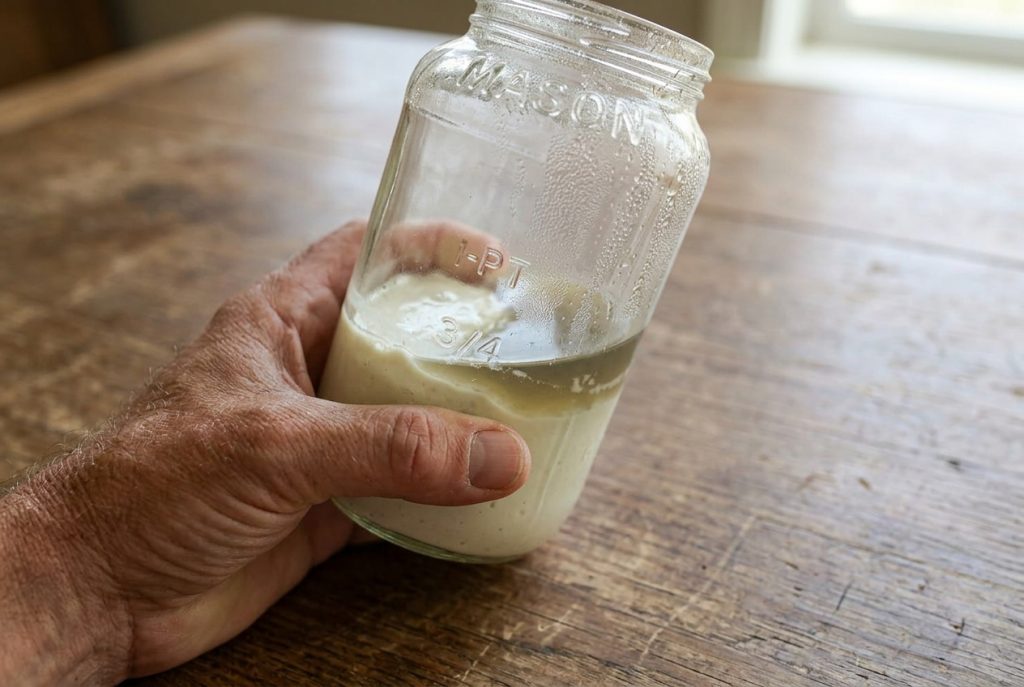 A weathered man's hand holding a mason jar of neglected sourdough starter with a grayish-amber hooch layer separated on top of the pale starter.