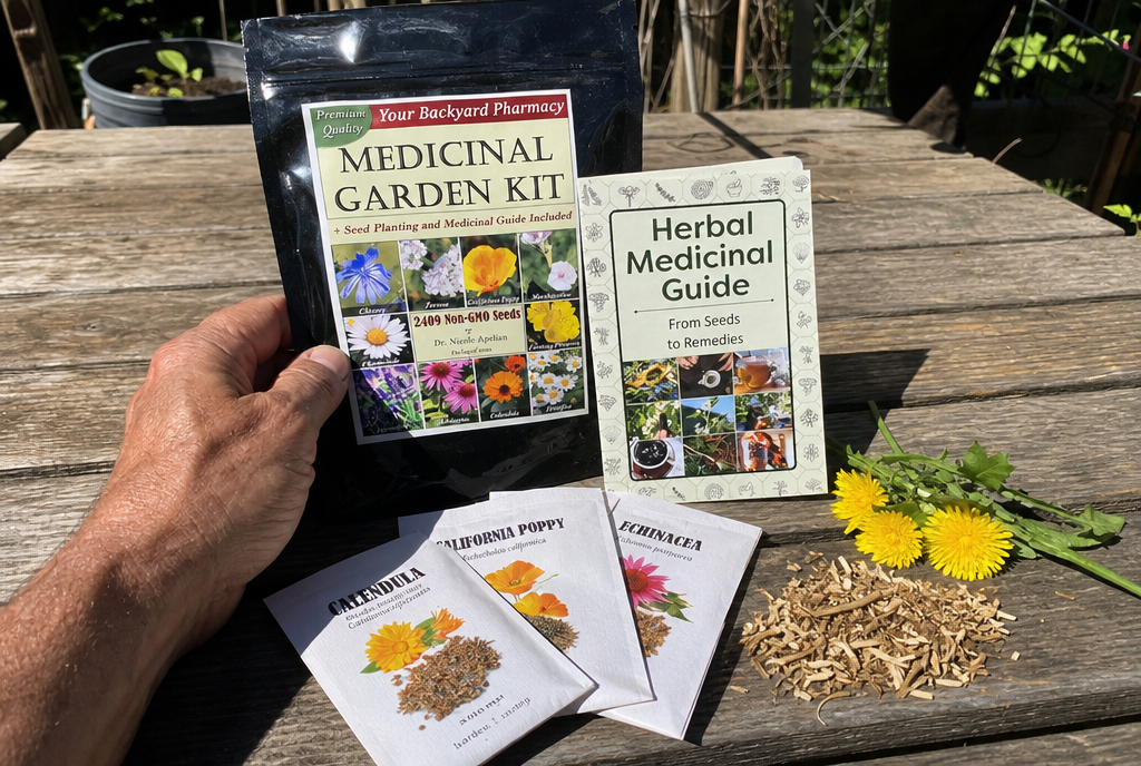 The Medicinal Garden Kit seed pouch and herbal guide on a weathered outdoor table beside fresh dandelion flowers and root.