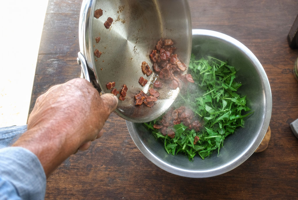 Hot crisp bacon and rendered fat being poured from a stainless skillet over raw dandelion greens in a metal bowl.