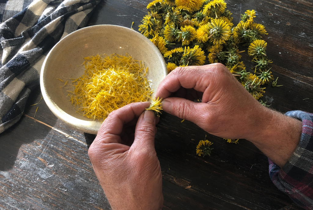 Weathered hands pinching bright yellow petals off dandelion flower heads over a bowl on a farmhouse table.