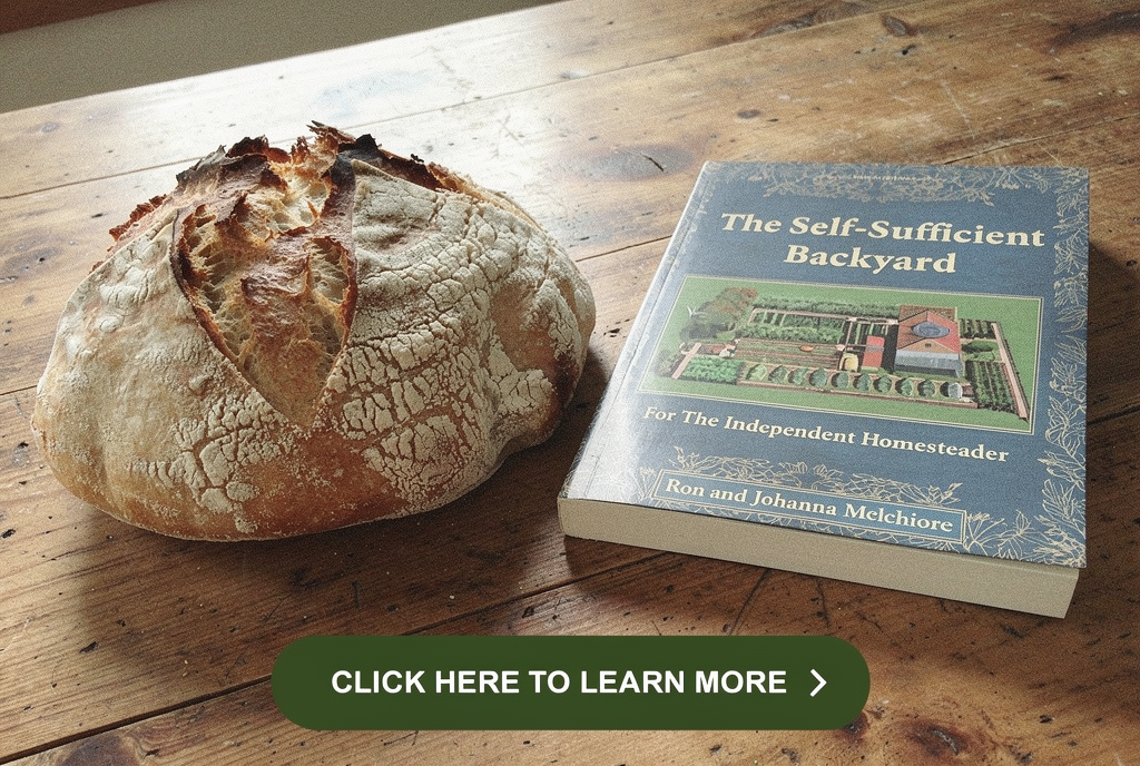 The Self-Sufficient Backyard book beside a finished scored sourdough loaf on a weathered kitchen table, with a Click Here to Learn More button.