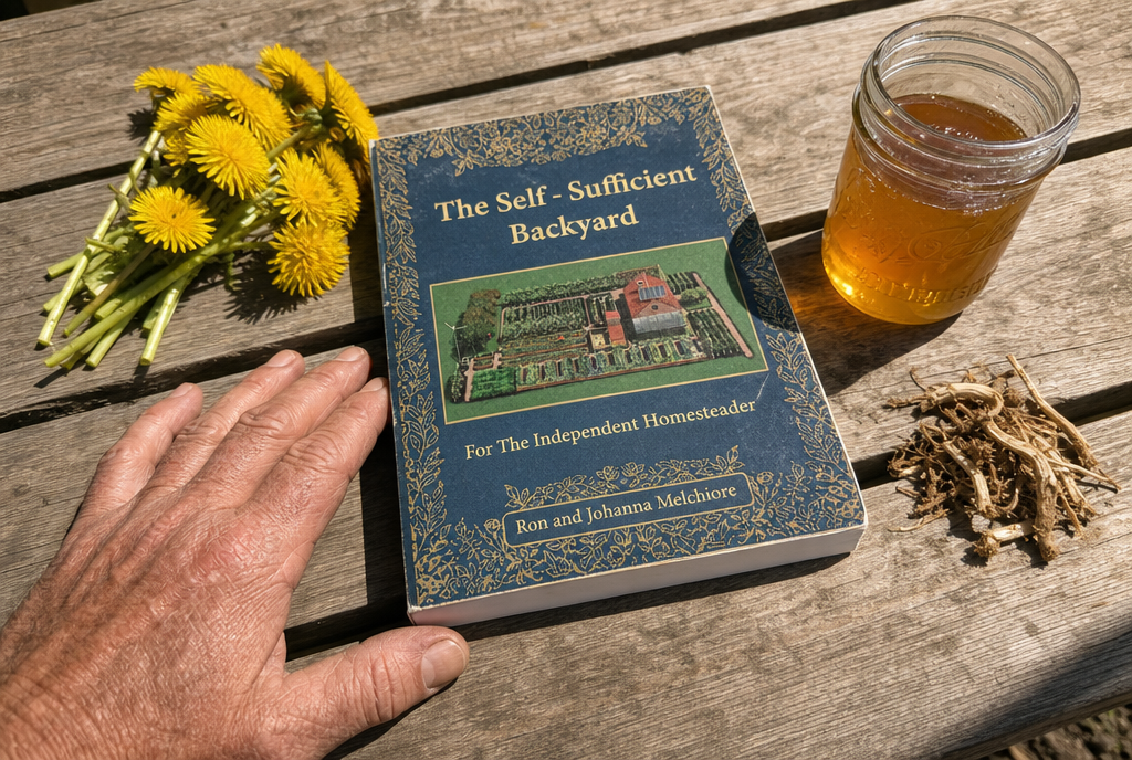 The Self-Sufficient Backyard book on a weathered outdoor table beside fresh dandelion flowers, dried root, and a jar of jelly.